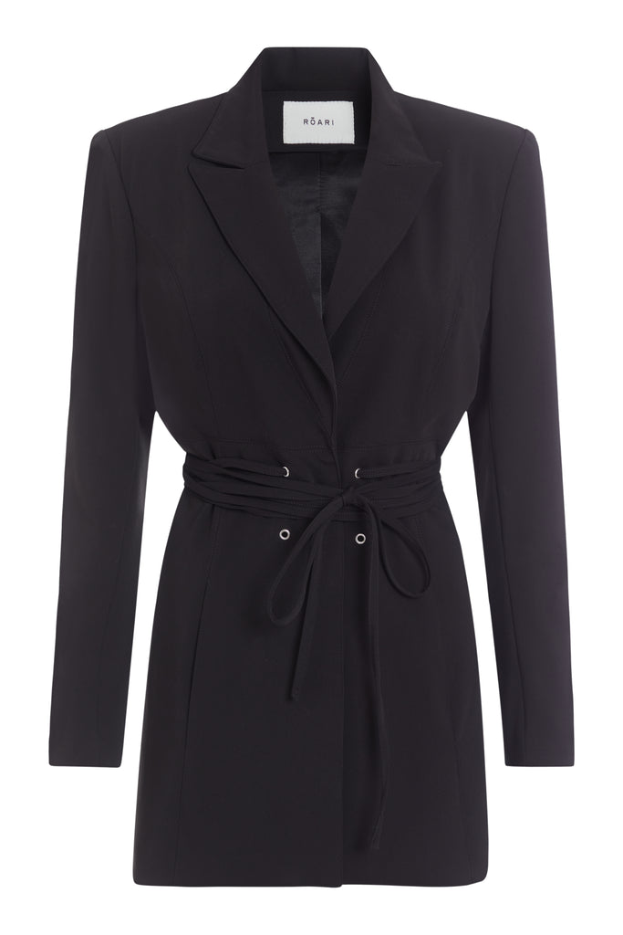 Black Rhodes Blazer This mid-length blazer features a detachable waist tie, allowing you to create a range of looks. The tailored single- breasted style features shoulder pads and front welt pockets. The Kat Trouser compliments the blazer perfectly.
