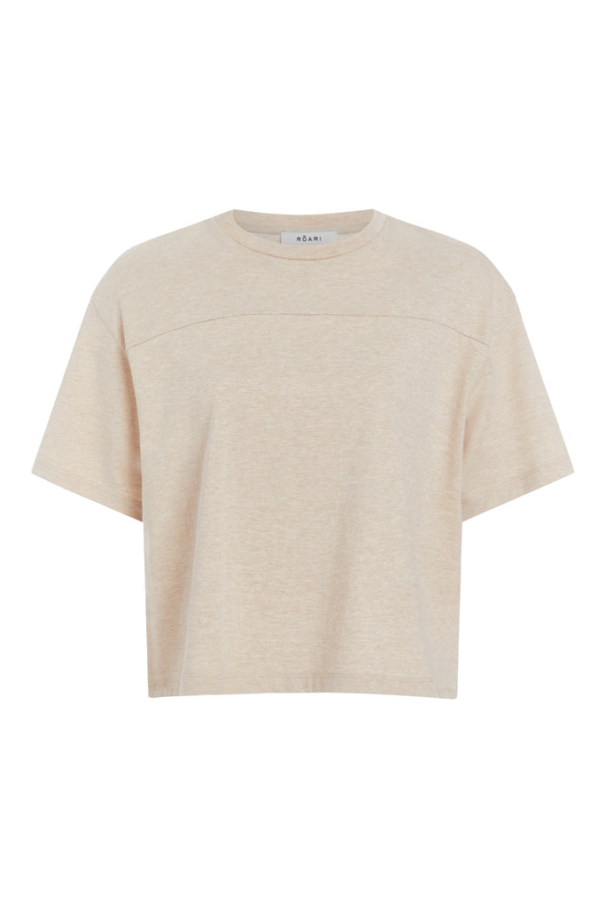 Oatmeal Danny Tee An oversized drop shoulder t-shirt made from 100% lightweight cotton featuring a silk RŌARI branded patch at back of neck. Cut with a boxy fit.Light Grey Danny Tee styled with the Penny Bodysuit. 