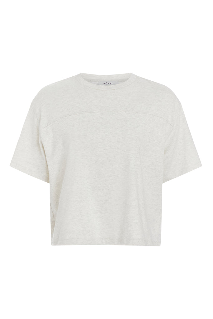Light Grey Danny Tee An oversized drop shoulder t-shirt made from 100% lightweight cotton featuring a silk RŌARI branded patch at back of neck. Cut with a boxy fit.Light Grey Danny Tee styled with the Penny Bodysuit. 