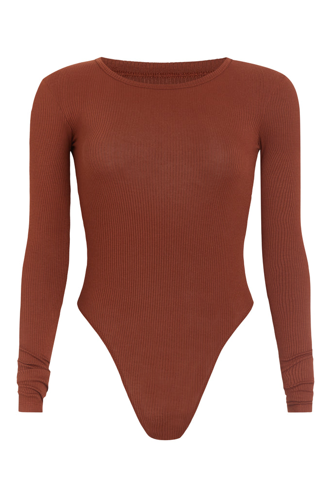 Pecan Baby Bodysuit This buttery soft long sleeved bodysuit features a sleek silhouette with a crew neckline and an asymmetrical bold back cutout. *For sanitary reasons, bodysuits are finale sale.