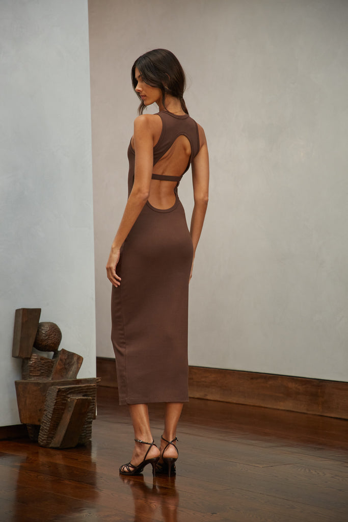 Chocolate Brown Alex Dress This premium ribbed dress has a cutout back and a fitted silhouette to offer a tasteful contour of the curves. 