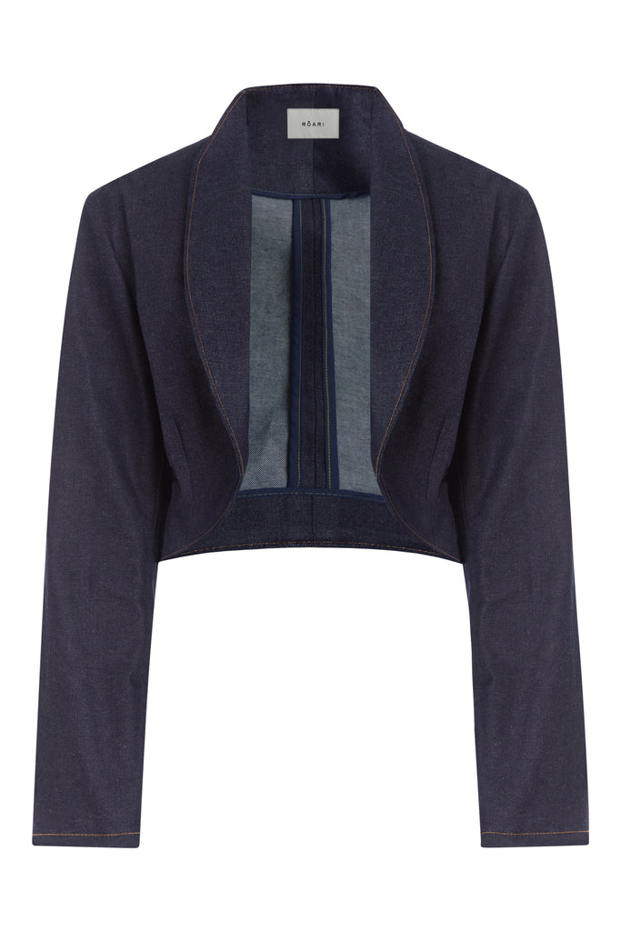 Raw Indigo Rhodes Blazer This mid-length blazer features a detachable waist tie, allowing you to create a range of looks. The tailored single- breasted style features shoulder pads and front welt pockets. The Kat Trouser compliments the blazer perfectly.