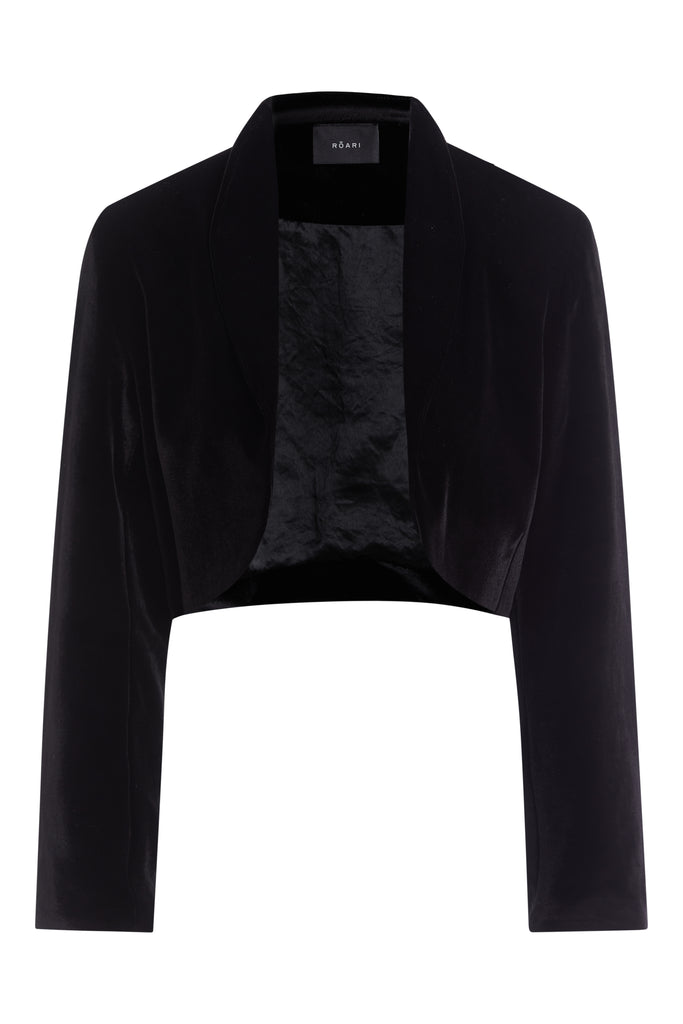Black Rose Bolero This cropped open front bolero-style jacket is cut from rich velvet fabric with fixed lapels and built-in shoulder pads. 