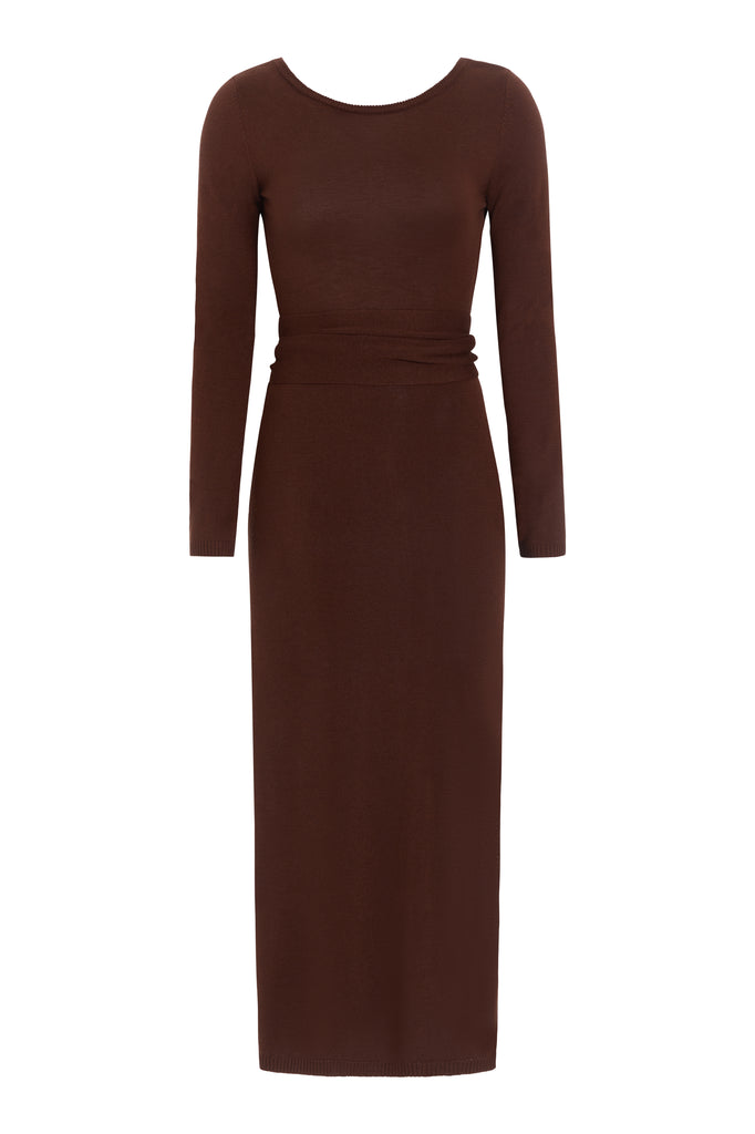 Chocolate BAMBI KNIT DRESS This wrap dress features a fixed belt at waist and plunging open back. Crafted from a luxe cashmere blend, hidden zips at sides provide option to vent. Size down for a snug fit. 