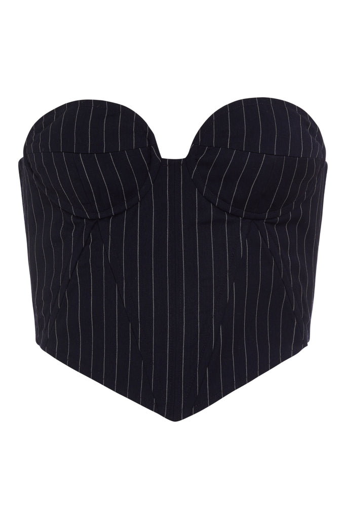 Navy Pinstripe RONNIE CORSET This tailored strapless corset features a fitted suiting bodice with contoured boning, moldable wiring at cups, and shirred back panels to ensure a snug yet flexible fit. Slightly cropped with a v-front silhouette.