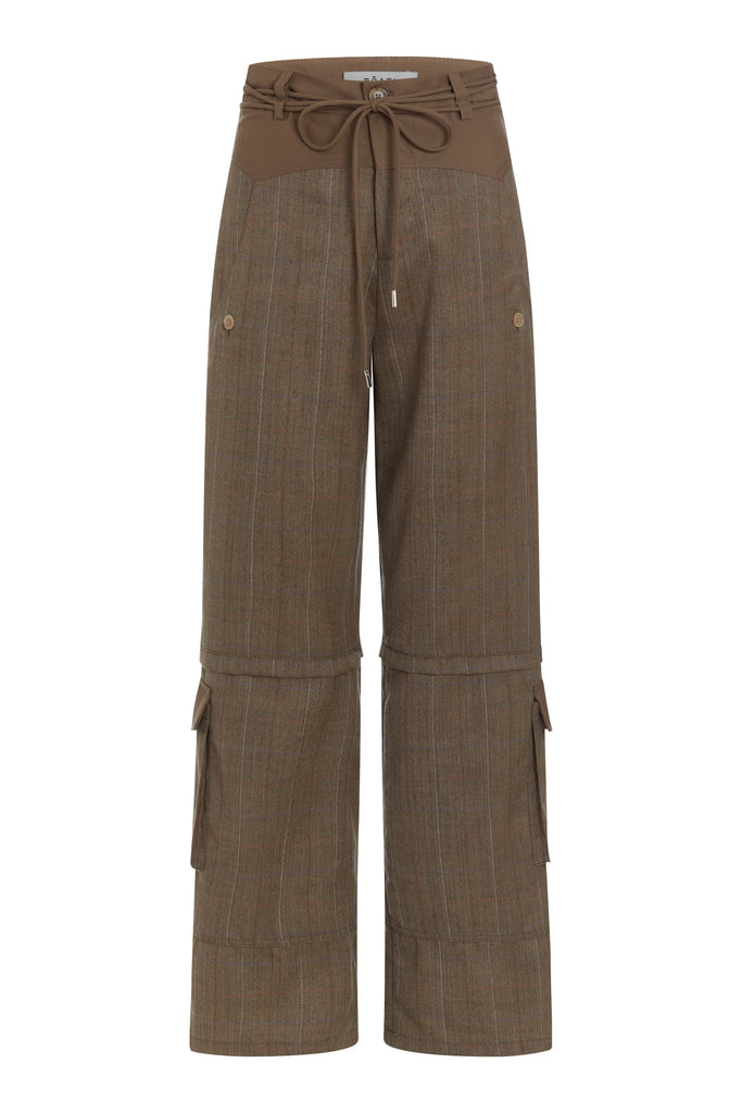 Camel Herringbone Kat Trouser Dual pleated mid-rise trousers featuring a straight relaxed fit, pockets at back with horn buttons, and includes a self-fabric detachable belt. 