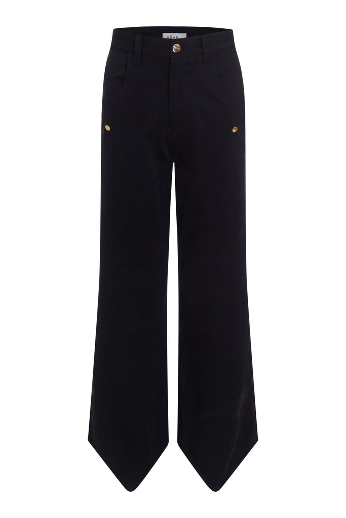 Jet Black Quinn Jean High-rise relaxed straight leg jean featuring drop pockets with snap closure, v-shaped front hem, and buttons at back for option to cinch at ankle. Each pair has a branded enameled button. 