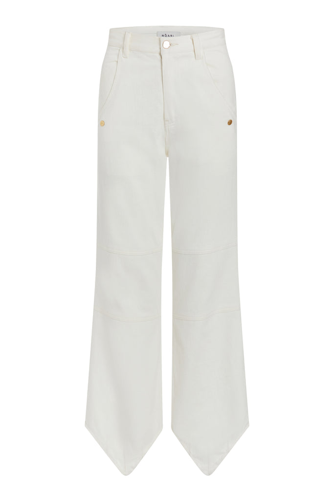 Bone Quinn Jean High-rise relaxed straight leg jean featuring drop pockets with snap closure, v-shaped front hem, and buttons at back for option to cinch at ankle. Each pair has a branded enameled button. 