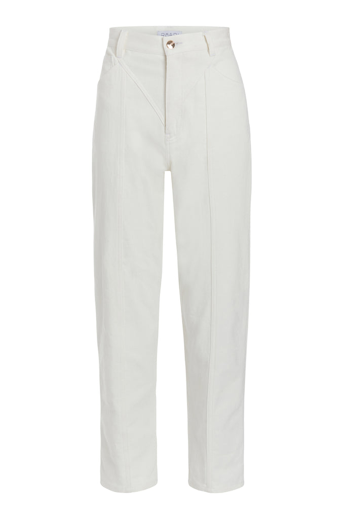 Bone Ronnie Trouser High-rise lightweight tailored trouser featuring contrasting waistband with self-fabric tie tunneled through two rows of belt loops. Featuring a relaxed leg fit with cargo style pockets and horn buttons.
