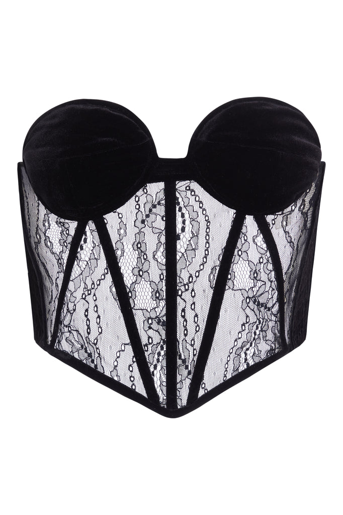Black Rose Corset This strapless corset features a lace bodice with contrast velvet contoured boning, moldable wire cups, and shirred back panels to ensure a snug yet flexible fit. Slightly cropped with a v-front silhouette. 
