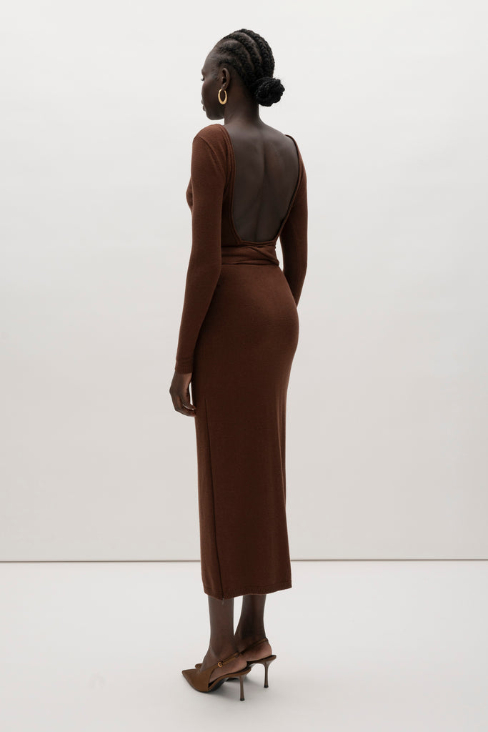 Chocolate Bambi Knit Dress This wrap dress features a fixed belt at waist and plunging open back. Crafted from a luxe cashmere blend, hidden zips at sides provide option to vent. Size down for a snug fit.We recommend ordering your usual size. 