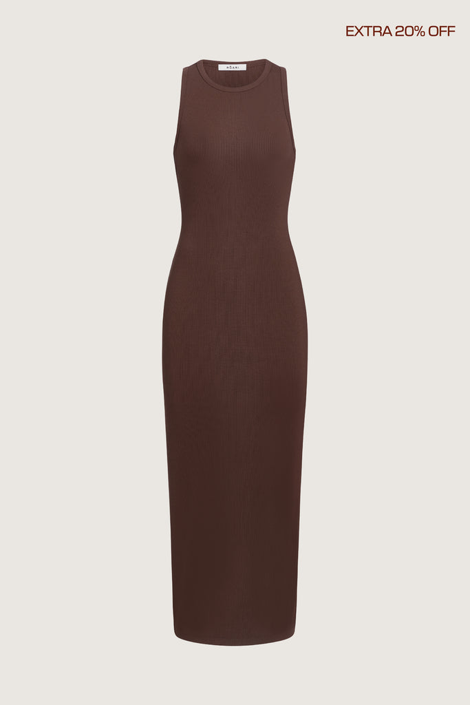Chocolate Brown Alex Dress This premium ribbed dress has a cutout back and a fitted silhouette to offer a tasteful contour of the curves.Brittany is 5'10