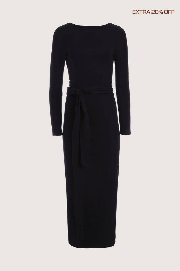 Black Bambi Dress This wrap dress features a fixed belt at waist and plunging open back. Crafted from a stretch ponte fabric, hidden zips at sides provide option to vent. Size down for a snug fit.Size down for a snug fit.*FINAL SALE. Please reference our return & exchange policy here.Extra 20% off auto-applied in cart.