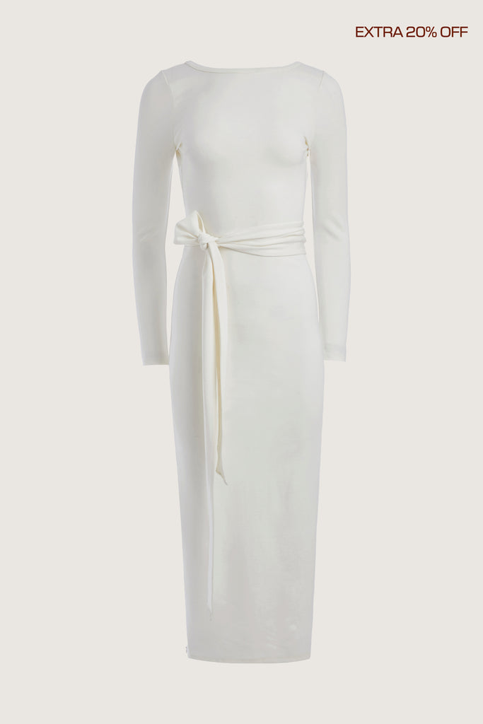 Bone Bambi Dress This wrap dress features a fixed belt at waist and plunging open back. Crafted from a stretch ponte fabric, hidden zips at sides provide option to vent. Size down for a snug fit.Size down for a snug fit.*FINAL SALE. Please reference our return & exchange policy here.Extra 20% off auto-applied in cart.