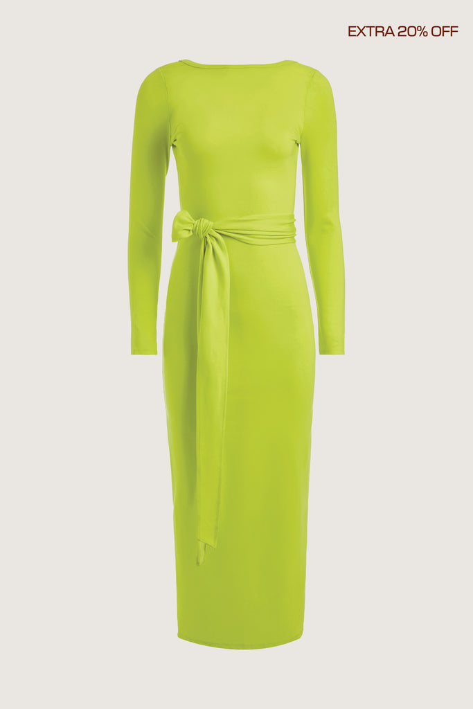 Lime Punch Bambi Dress This wrap dress features a fixed belt at waist and plunging open back. Crafted from a stretch ponte fabric, hidden zips at sides provide option to vent. Size down for a snug fit.Size down for a snug fit.*FINAL SALE. Please reference our return & exchange policy here.Extra 20% off auto-applied in cart.