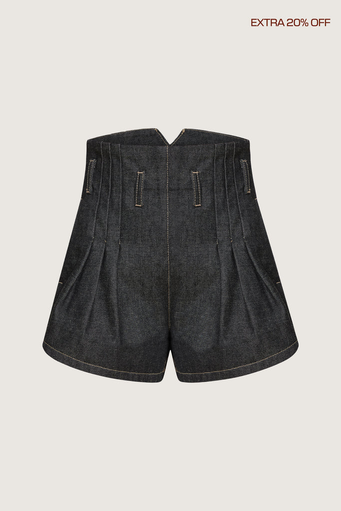  Kate Short -High-waisted paperbag fit-Curved hem to elongate legs-Stitched pleats at waistband-Reinforced denim belt loops-Zipper closure with clean finish-V-notch at back waist-On-seam pockets with contrast lining-Self-facing waistband with under-stitching-Overlocked interior seams-Raw indigo denimAnok is 5'9