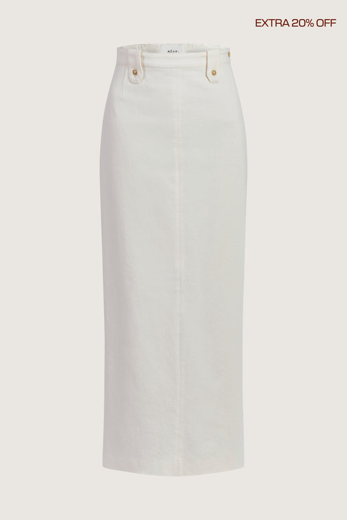  Meredith Denim Skirt -Vintage inspired pencil skirt, fitted through waist and hips-Darts at front and back for a sculpted fit-Clean-finished waistband with interior facing and under-stitching-Invisible side zipper with button closure at waistband-Self-doubled belt loops reinforced with strong bar tacks-Back vent for movement -Fully linedCara is 5'10