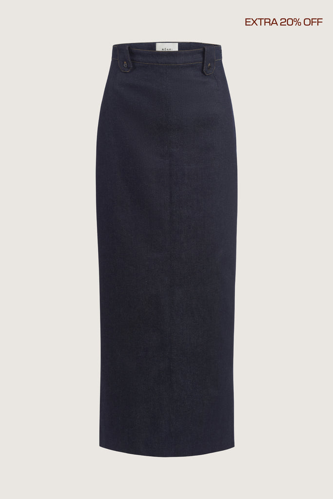  Meredith Denim Skirt -Vintage inspired pencil skirt, fitted through waist and hips-Darts at front and back for a sculpted fit-Clean-finished waistband with interior facing and under-stitching-Invisible side zipper with button closure at waistband-Self-doubled belt loops reinforced with strong bar tacks-Back vent for movement -Fully linedCara is 5'10