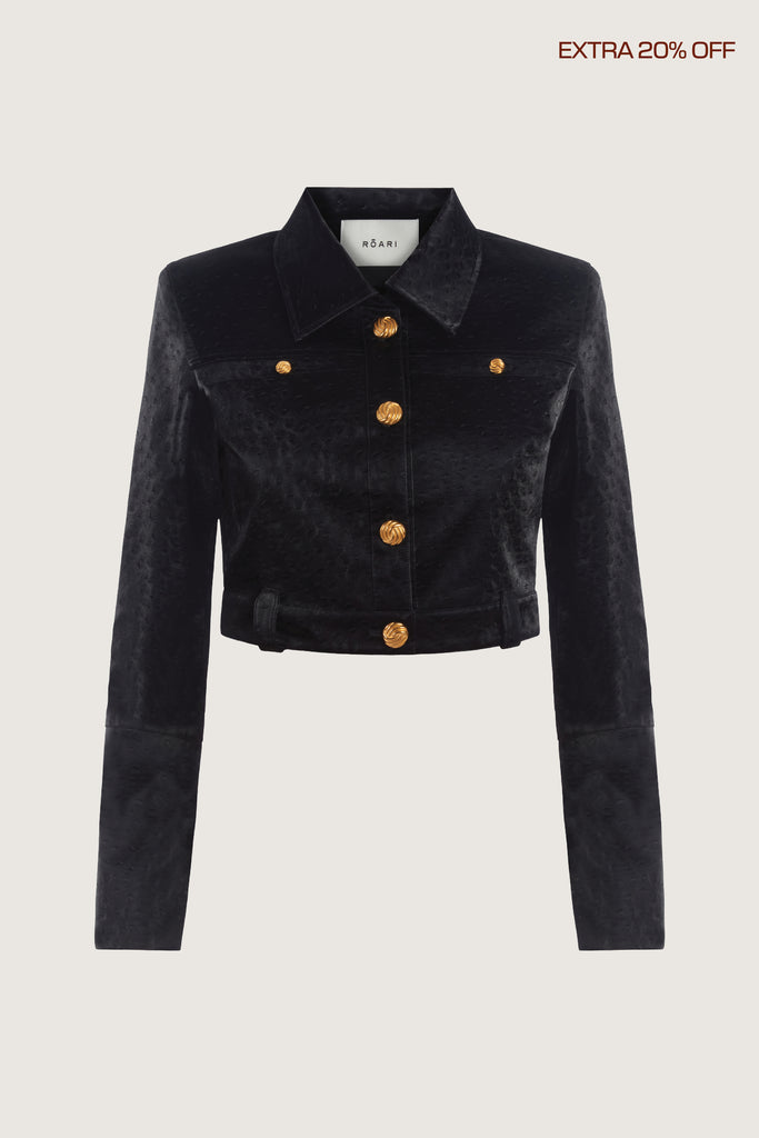  Meredith Jacket A fresh take on the classic suit jacket, this faux ostrich piece features ROARI's signature gold knot buttons at center front, welt pockets and cuffs. Fully lined.We recommend ordering your usual size.Styled with the Meredith Skirt*FINAL SALE. Please reference our return & exchange policy here.Extra 20% off auto-applied in cart.