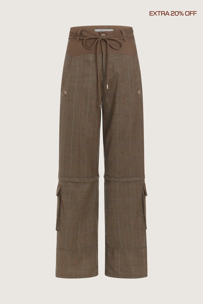 Camel Herringbone Ronnie Trouser High-rise lightweight tailored trouser featuring contrasting waistband with self-fabric tie tunneled through two rows of belt loops. Featuring a relaxed leg fit with cargo style pockets and horn buttons.Ana is 5'9