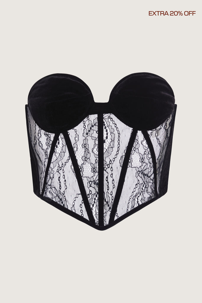  Rose Corset This strapless corset features a lace bodice with contrast velvet contoured boning, moldable wire cups, and shirred back panels to ensure a snug yet flexible fit. Slightly cropped with a v-front silhouette.Size down for a more snug fitStyle with The Rose Pant | The Rose Bolero*FINAL SALE. Please reference our return & exchange policy here. Extra 20% off auto-applied in cart.