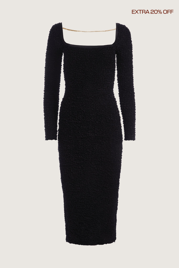  Yelena Dress A midi length smocked dress with square neckline and backless gold chain detailing. Vented side zips and concealed zip closure at back. Hand made in India. Brittany is 5'10