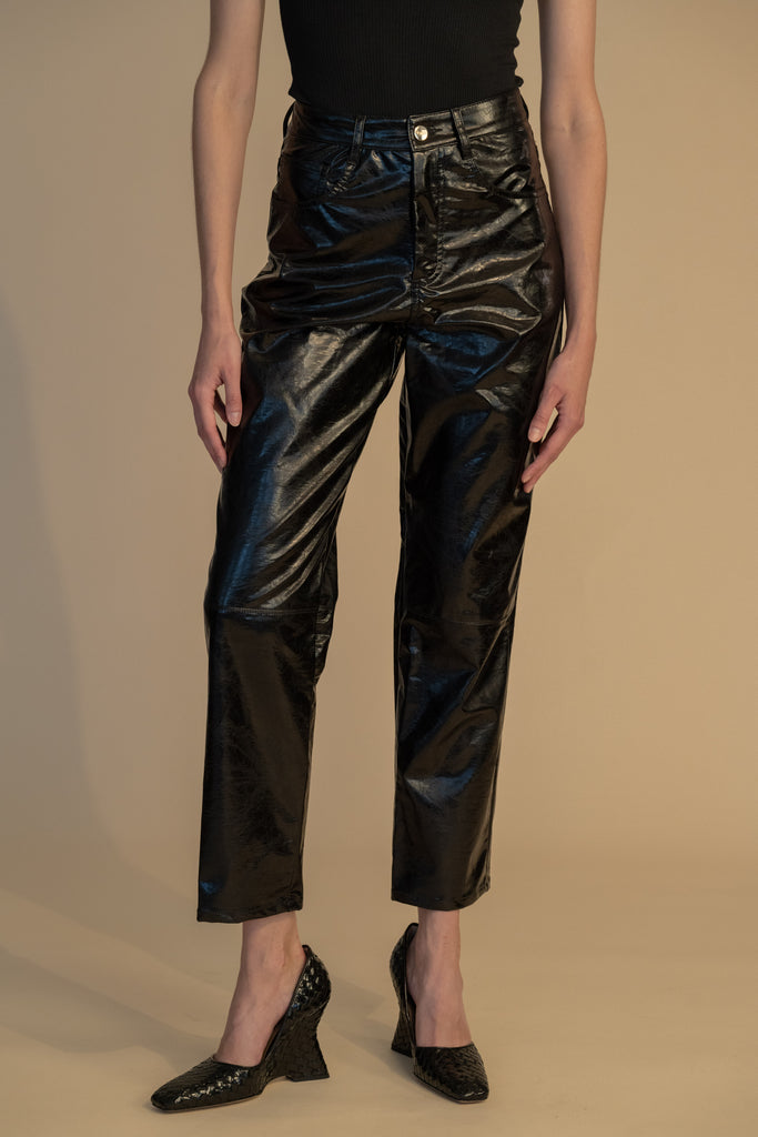 Black ASHLEY PANT Crafted from premium vegan leather, these pants are designed with a high-rise waist and a straight-cut silhouette. Each hand-finished pair has a branded enameled button.