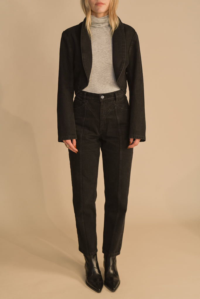 Faded Black SASHA BOLERO This bolero jacket is cut from cotton denim with a vintage finish. It features an open front lapel and cropped length.