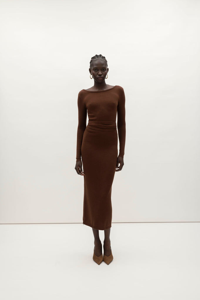 Chocolate Bambi Knit Dress This wrap dress features a fixed belt at waist and plunging open back. Crafted from a luxe cashmere blend, hidden zips at sides provide option to vent. Size down for a snug fit.We recommend ordering your usual size. 