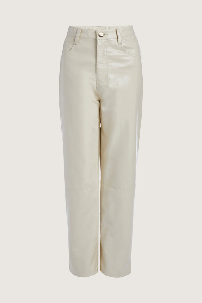 Bone Ashley Pant Crafted from premium vegan leather, these pants are designed with a high-rise waist and a straight-cut silhouette. Each hand-finished pair has a branded enameled button.Styled with The Zoey TeeThis item is FINAL SALE.