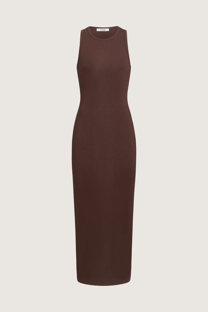 Chocolate Brown Alex Dress This premium ribbed dress has a cutout back and a fitted silhouette to offer a tasteful contour of the curves. 