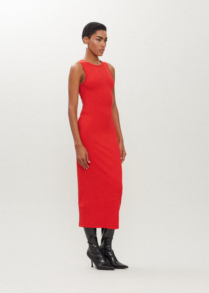 Paprika Red Alex Dress This premium ribbed dress has a cutout back and a fitted silhouette to offer a tasteful contour of the curves. 