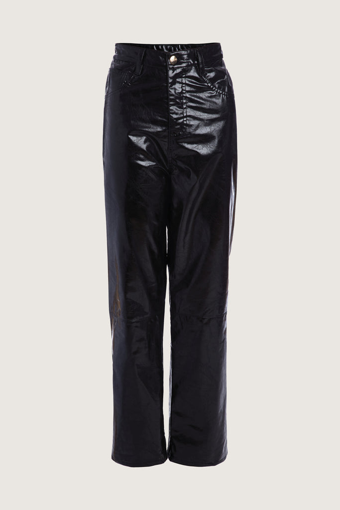 Black Ashley Pant Crafted from premium vegan leather, these pants are designed with a high-rise waist and a straight-cut silhouette. Each hand-finished pair has a branded enameled button.Styled with The Zoey TeeThis item is FINAL SALE.