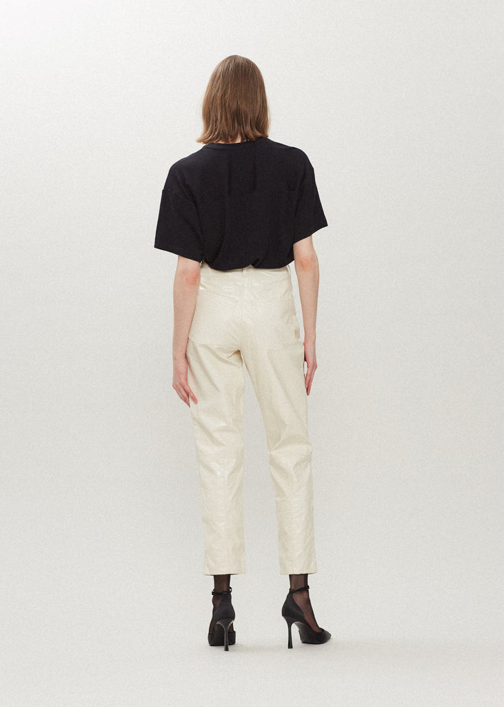 Bone Ashley Pant Crafted from premium vegan leather, these pants are designed with a high-rise waist and a straight-cut silhouette. Each hand-finished pair has a branded enameled button.