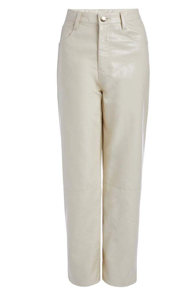 Bone ASHLEY PANT Crafted from premium vegan leather, these pants are designed with a high-rise waist and a straight-cut silhouette. Each hand-finished pair has a branded enameled button.