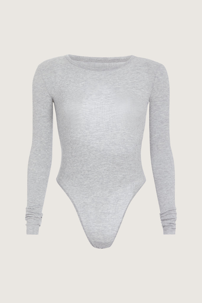 Light Grey Baby Bodysuit This buttery soft long sleeved bodysuit features a sleek silhouette with a crew neckline and an asymmetrical bold back cutout.FINAL SALE 