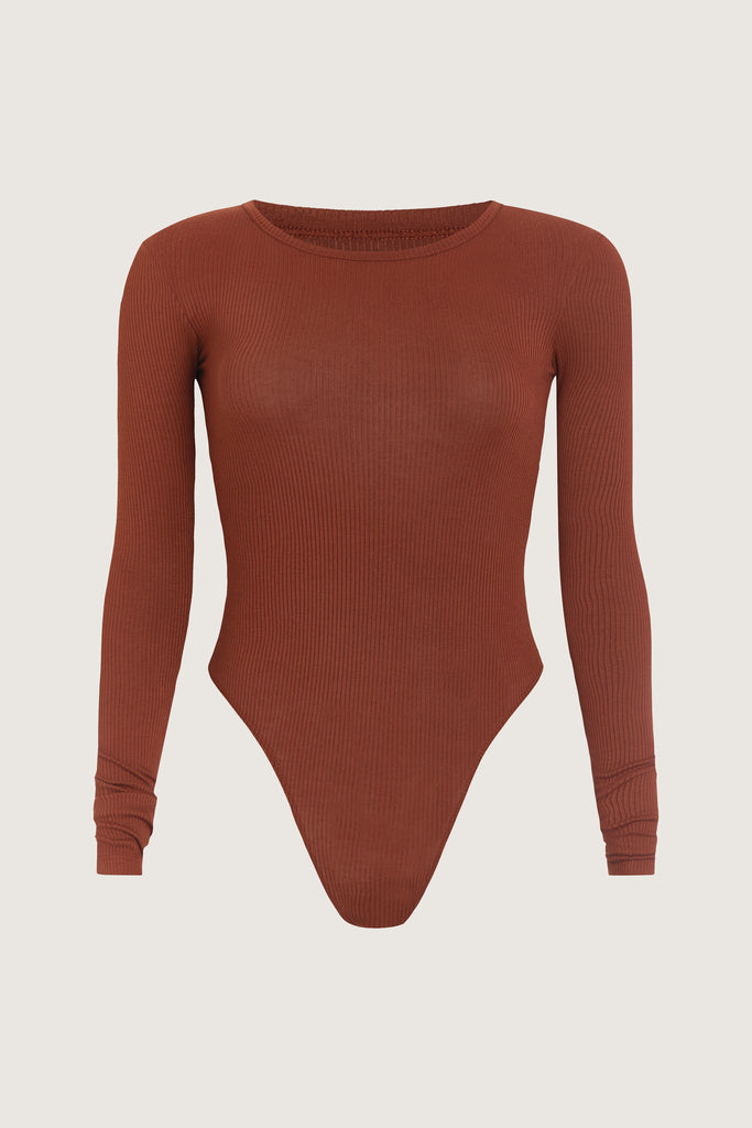 Pecan Baby Bodysuit This buttery soft long sleeved bodysuit features a sleek silhouette with a crew neckline and an asymmetrical bold back cutout.FINAL SALE 