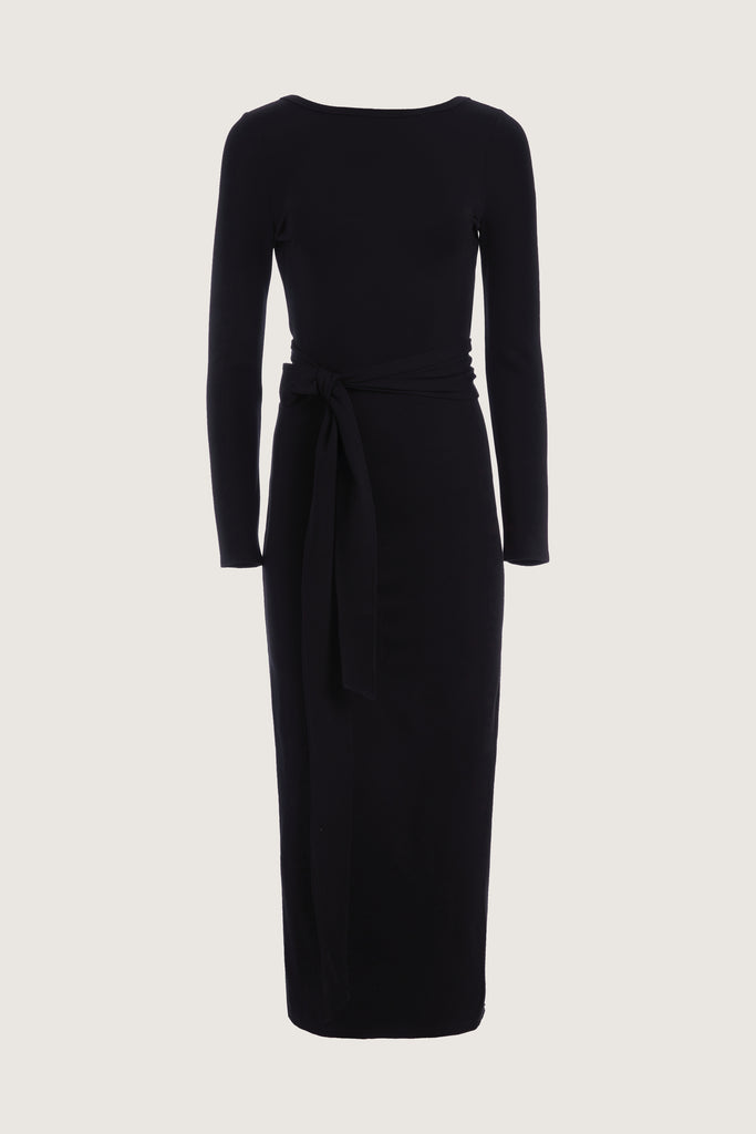 Black Bambi Dress This wrap dress features a fixed belt at waist and plunging open back. Crafted from a stretch ponte fabric, hidden zips at sides provide option to vent. Size down for a snug fit.All items marked down are FINAL SALE. 