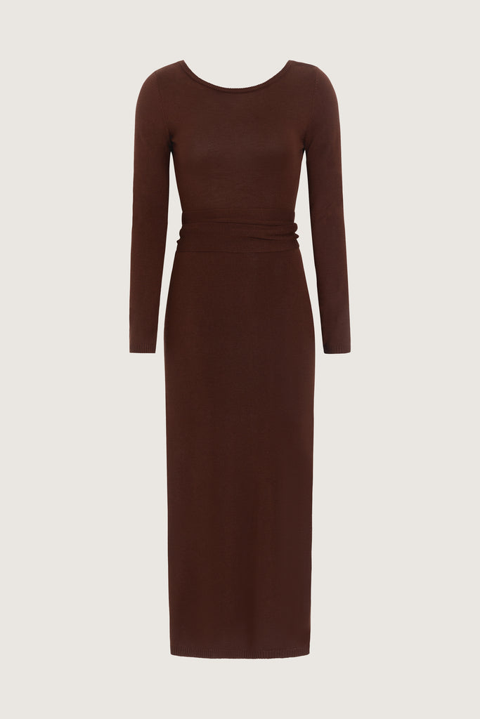 Chocolate Bambi Knit Dress This wrap dress features a fixed belt at waist and plunging open back. Crafted from a luxe cashmere blend, hidden zips at sides provide option to vent. Size down for a snug fit.