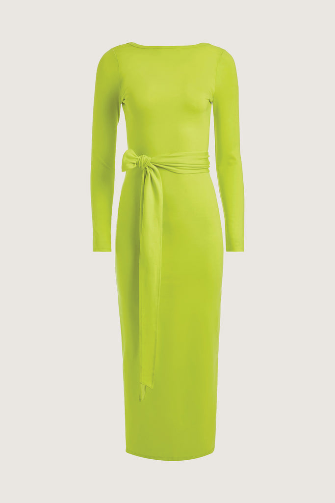 Lime Punch Bambi Dress This wrap dress features a fixed belt at waist and plunging open back. Crafted from a stretch ponte fabric, hidden zips at sides provide option to vent. Size down for a snug fit.All items marked down are FINAL SALE. 