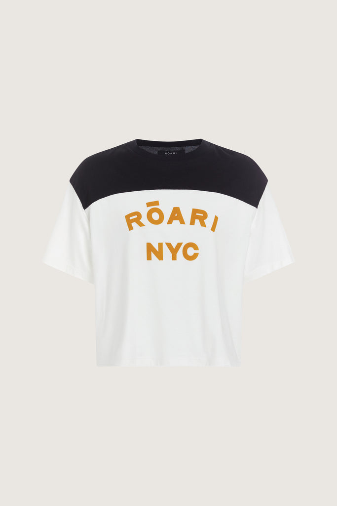 Black/White Branded Danny Tee An oversized drop shoulder t-shirt made from 100% lightweight cotton featuring felt appliqué ROARI branding. Cut with a semi-cropped boxy fit.This item is FINAL SALE.