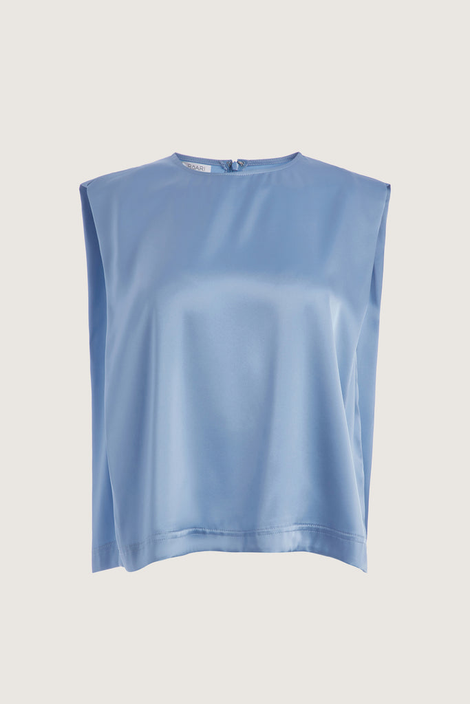 Sky Brooke Tank Crafted from luxurious vegan silk, this muscle tee is complete with high curved neckline, shoulder-width sleeves, and a relaxed boxy shape.