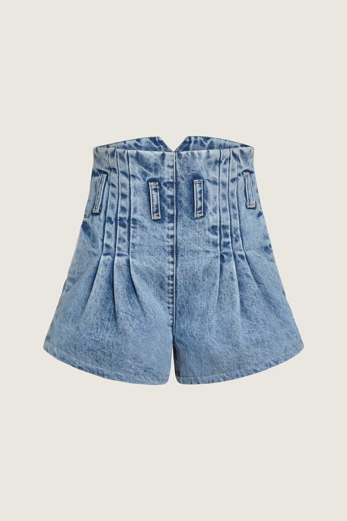 Light Indigo Kate Short -High-waisted paperbag fit-Curved hem to elongate legs-Stitched pleats at waistband-Reinforced denim belt loops-Zipper closure with clean finish-V-notch at back waist-On-seam pockets with contrast lining-Self-facing waistband with under-stitching-Overlocked interior seams-Garment custom washed for a lived-in feel Anok is 5'9