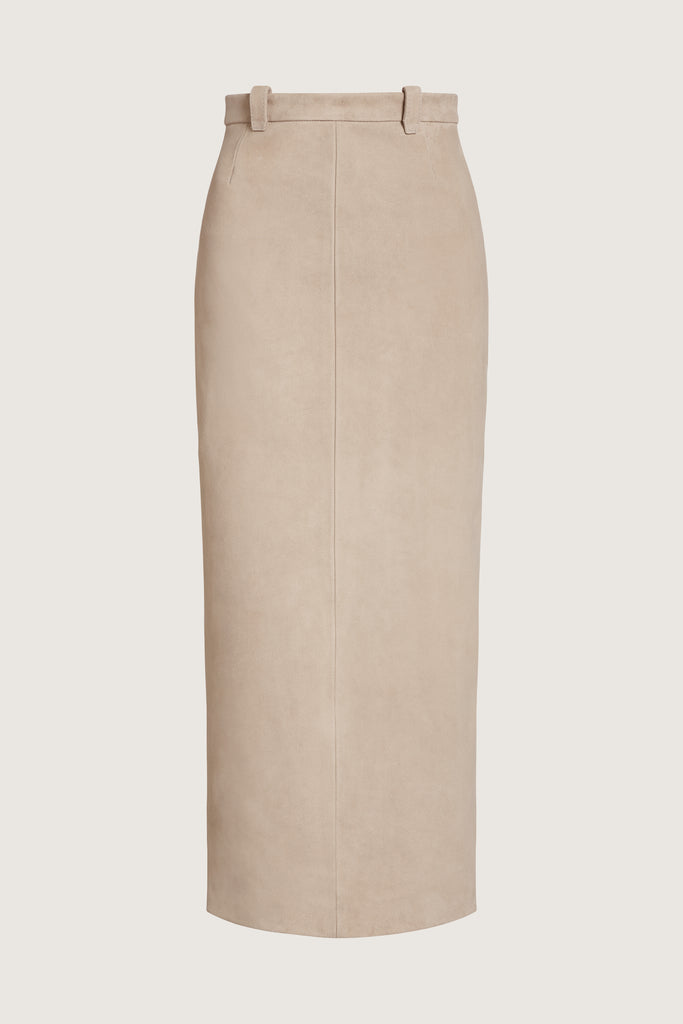 Sand Meredith Skirt -Vintage inspired pencil skirt, fitted through waist and hips-100% calf leather (suede) -Darts at front and back for a sculpted fit-Clean-finished waistband with interior facing and under-stitching-Invisible side zipper with ornate button closure at waistband-Self-doubled belt loops reinforced with strong bar tacks-Back vent for movement -Fully lined Ingryd is 5'10