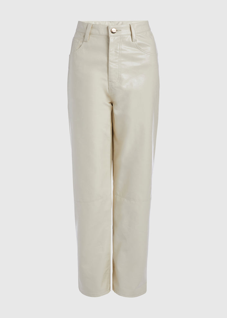 Bone Ashley Pant Crafted from premium vegan leather, these pants are designed with a high-rise waist and a straight-cut silhouette. Each hand-finished pair has a branded enameled button.Styled with The Zoey Tee