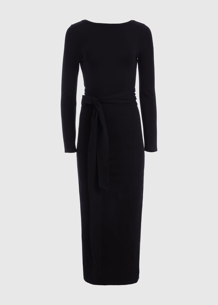 Black Bambi Dress This wrap dress features a fixed belt at waist and plunging open back. Crafted from a stretch ponte fabric, hidden zips at sides provide option to vent. Size down for a snug fit.Also available in Bone & Lime Punch featured in Collection 1.