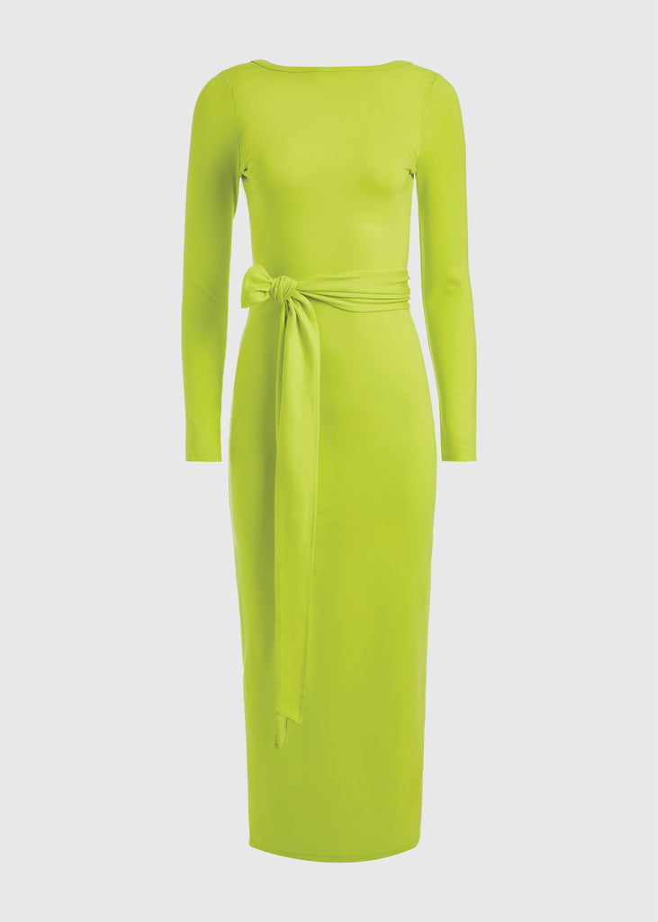 Lime Punch Bambi Dress This wrap dress features a fixed belt at waist and plunging open back. Crafted from a stretch ponte fabric, hidden zips at sides provide option to vent. Size down for a snug fit.*Sale merchandise is exchangeable for size/color or store credit. 
