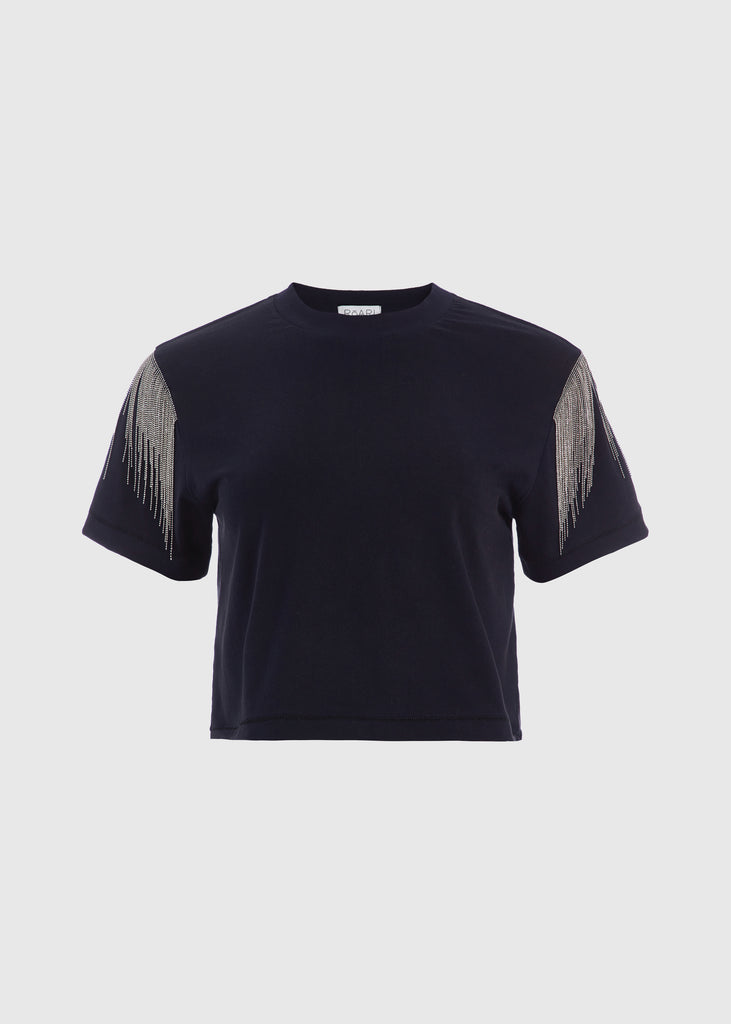 Black Liz Tee The Liz Tee is crafted from 100% premium stretch cotton and designed with a boxy cut crewneck for a contemporary look. Hand-applied silver chain fringe detail at the shoulders and a cropped fit that sits perfectly above the hip. FINAL SALE - EXCHANGE OR STORE CREDIT ONLY