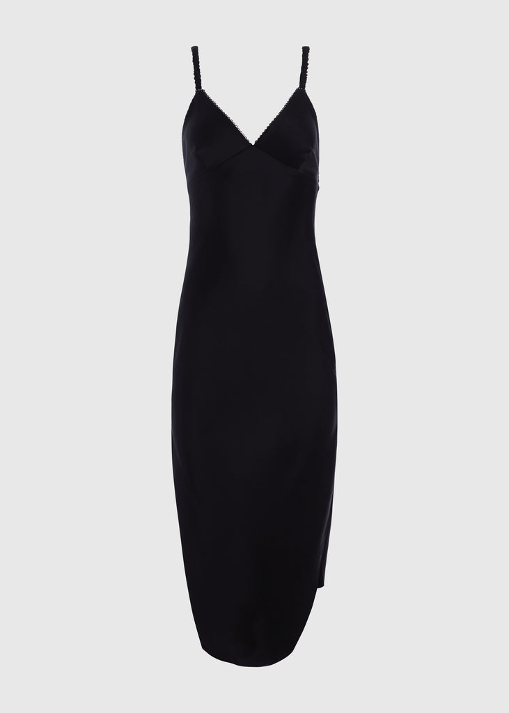 Black Paras Dress The Paras vegan silk midi slip dress features a v-neckline with scalloped trim, bust darts, ruched elastic straps, a low cut open back, and a curved, vented hemline.SALE MERCHANDISE IS EXCHANGE OR STORE CREDIT ONLY