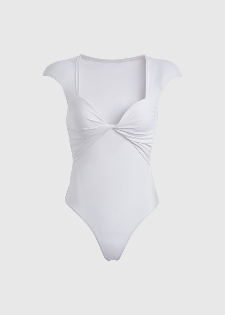 White Rae Bodysuit This bodysuit features a twisted ruched bust, fitted cap-sleeve shoulder and timelesss silhouette. FINAL SALE 